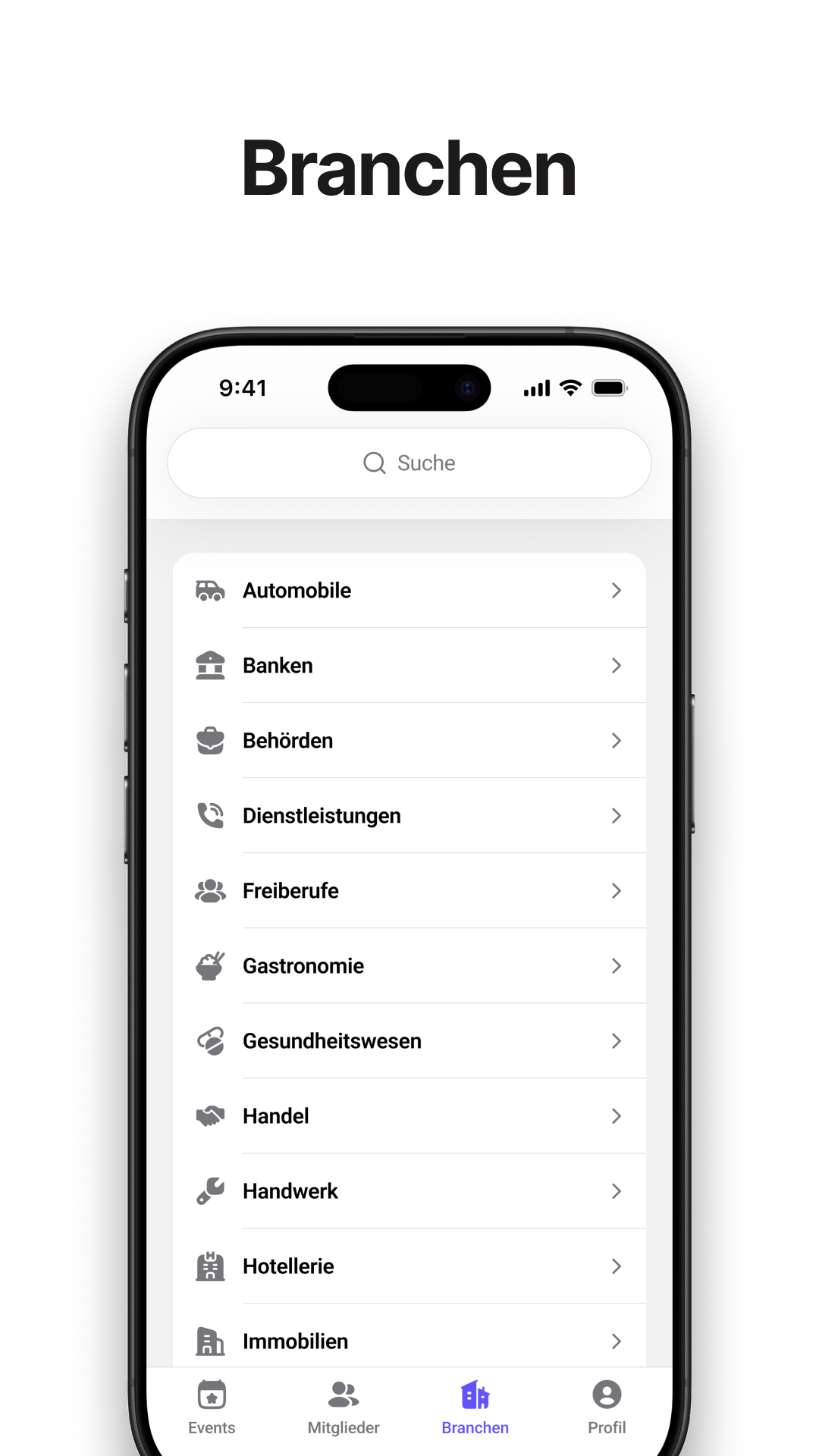 App Screenshot: Branchen